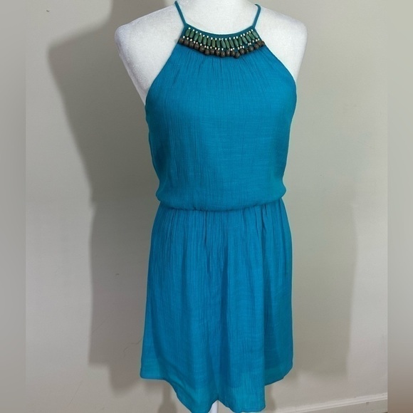 As U Wish sz med dressy dress turquoise. Beaded neckline. Silky feel - Picture 1 of 14